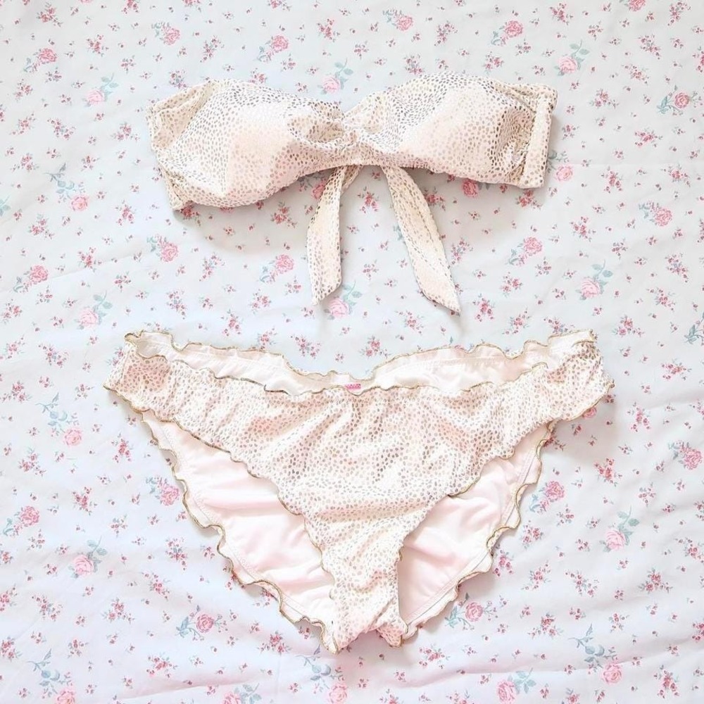 metallic gold ruffle bandeau bikini set y2k